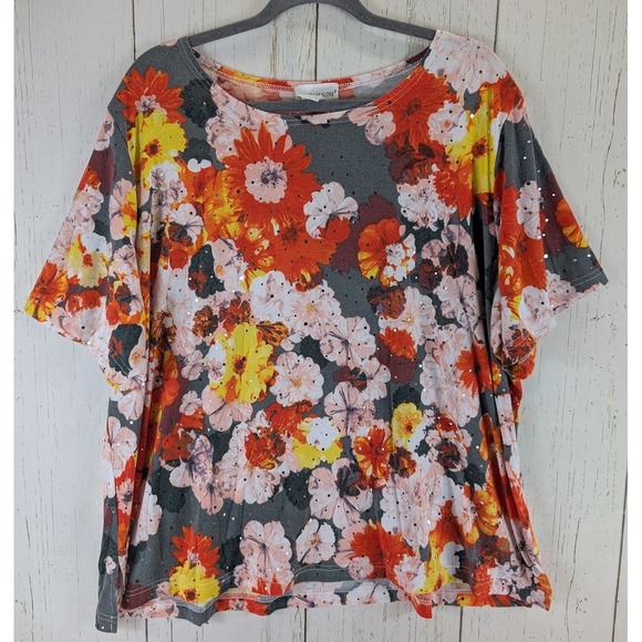 Rebecca Malone Plus Size 2X Womens Multicolor Floral Sequin Short Sleeve Top - Picture 1 of 7